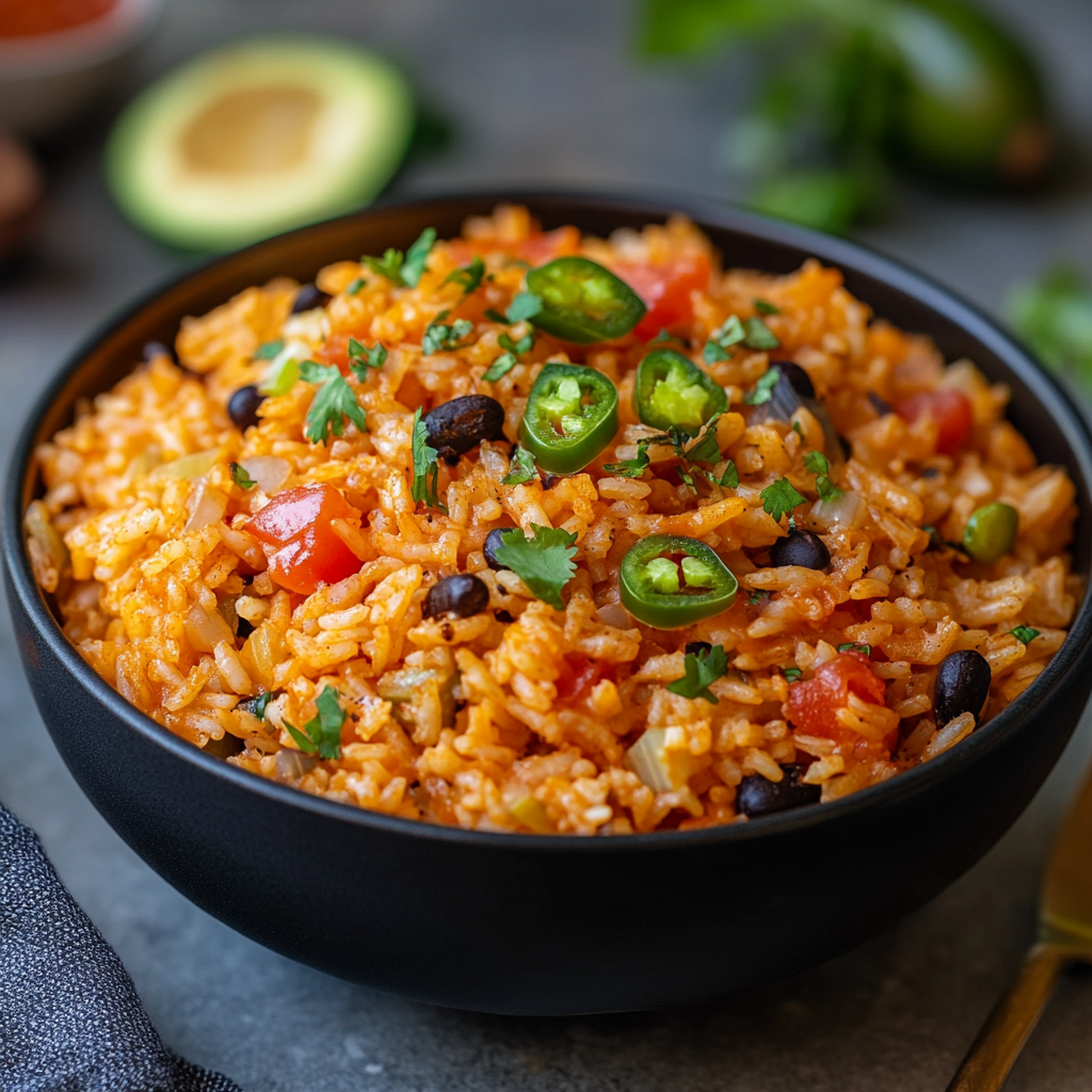 A black bowl filled with vibrant Mexican rice, garnished with sliced fresh jalapeños, chopped cilantro, and a mix of black beans and diced tomatoes. The rice is bright orange, infused with rich spices, and surrounded by a blurred backdrop featuring an avocado slice and green chili peppers, emphasizing its fresh and flavorful appeal.