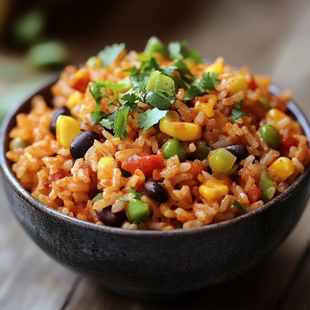 A rustic bowl filled with vibrant cheesy Mexican rice, featuring a colorful mix of corn, peas, black beans, and diced red peppers. The dish is topped with fresh cilantro, highlighting its fresh and appetizing appearance, perfect as a side or main course.