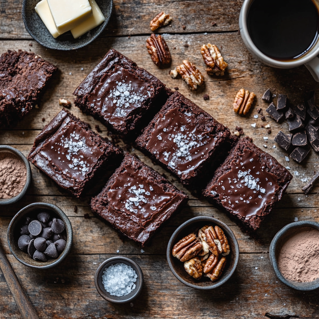 Keto brownie recipe featuring fudgy brownies topped with sea salt and surrounded by ingredients like cocoa powder, pecans, and chocolate chips