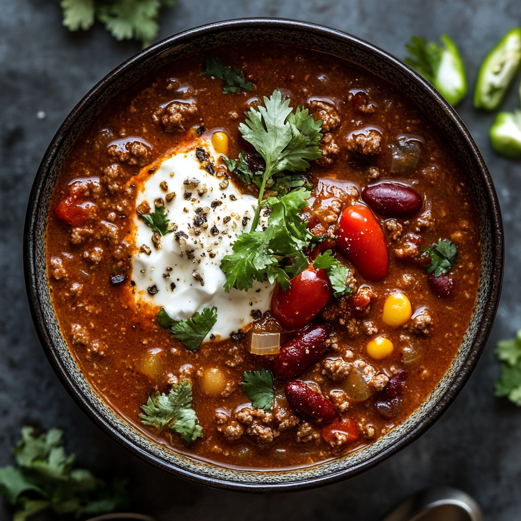 A vibrant bowl of chili soup featuring ground beef, kidney beans, corn, cherry tomatoes, and a dollop of sour cream, garnished with fresh cilantro and cracked black pepper.