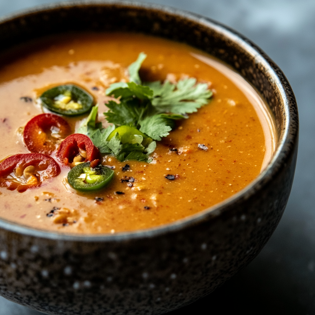 A creamy bowl of chili soup garnished with fresh cilantro, sliced red and green jalapeños, and a sprinkle of black pepper, offering a spicy and comforting flavor.