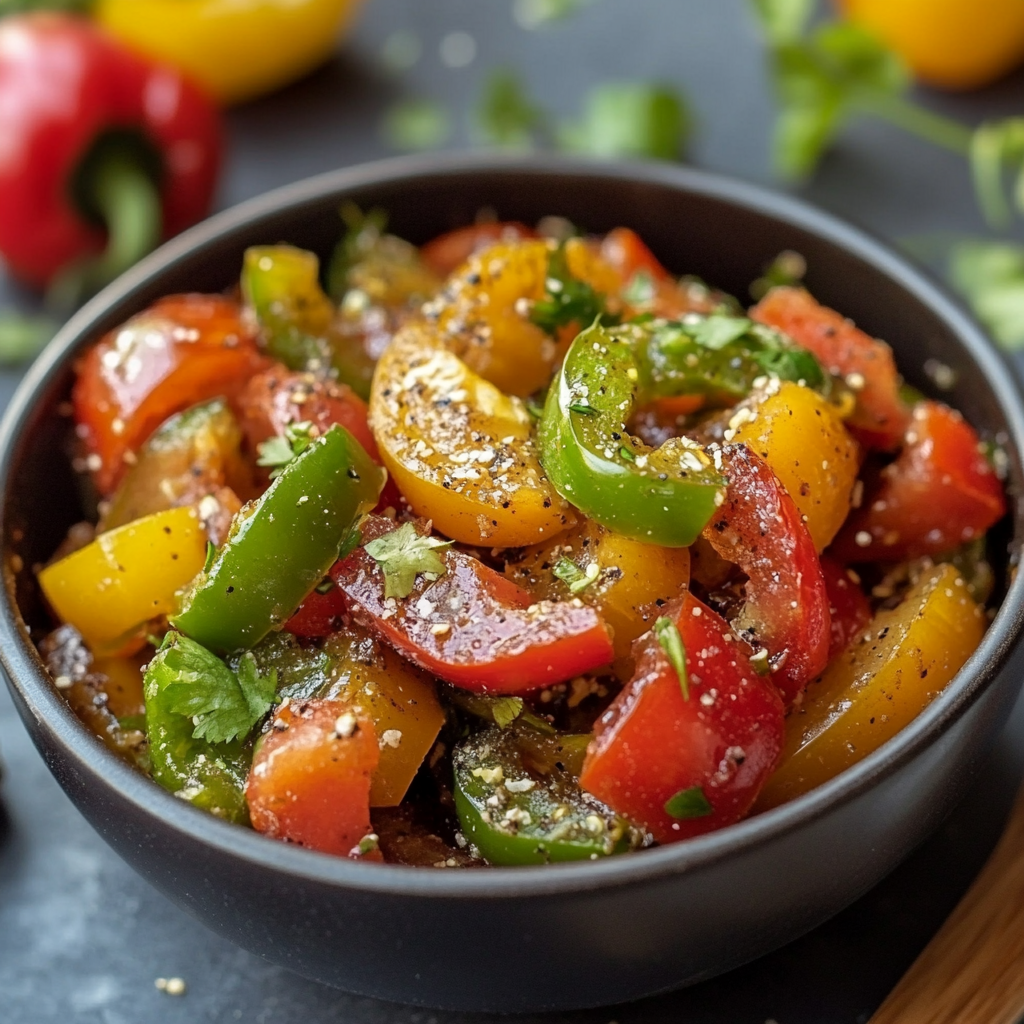 a colorful medley of bell peppers, seasoned with herbs and spices, ideal as a side or variation of the recipe