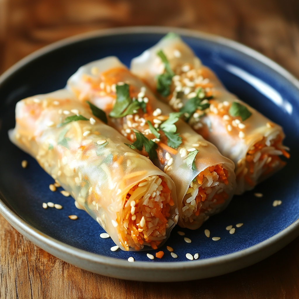 rice paper egg rolls, showcasing translucent rice paper filled with vibrant vegetables and garnished with sesame seeds and fresh herbs.