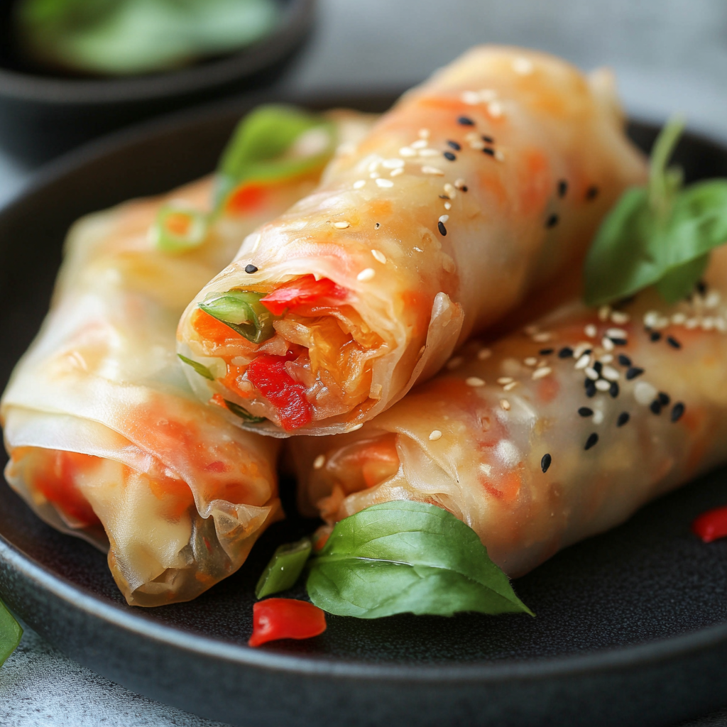 a plate of rice paper egg rolls filled with colorful vegetables, wrapped in translucent rice paper, and garnished with sesame seeds and fresh herbs.