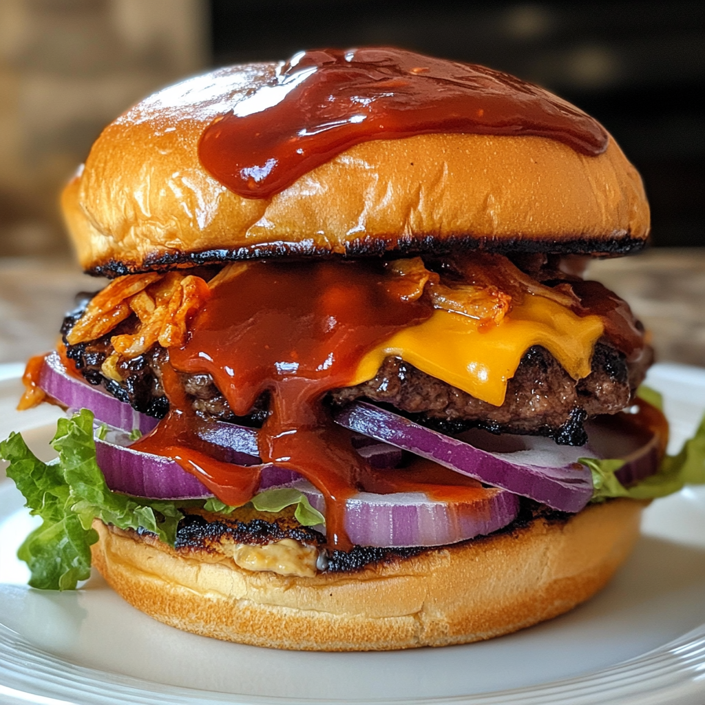 This image features a mouthwatering BBQ burger stacked with fresh lettuce, sliced red onions, melted cheddar cheese, and crispy toppings, all smothered in rich, smoky BBQ sauce. The toasted bun adds the perfect finishing touch to this gourmet burger.