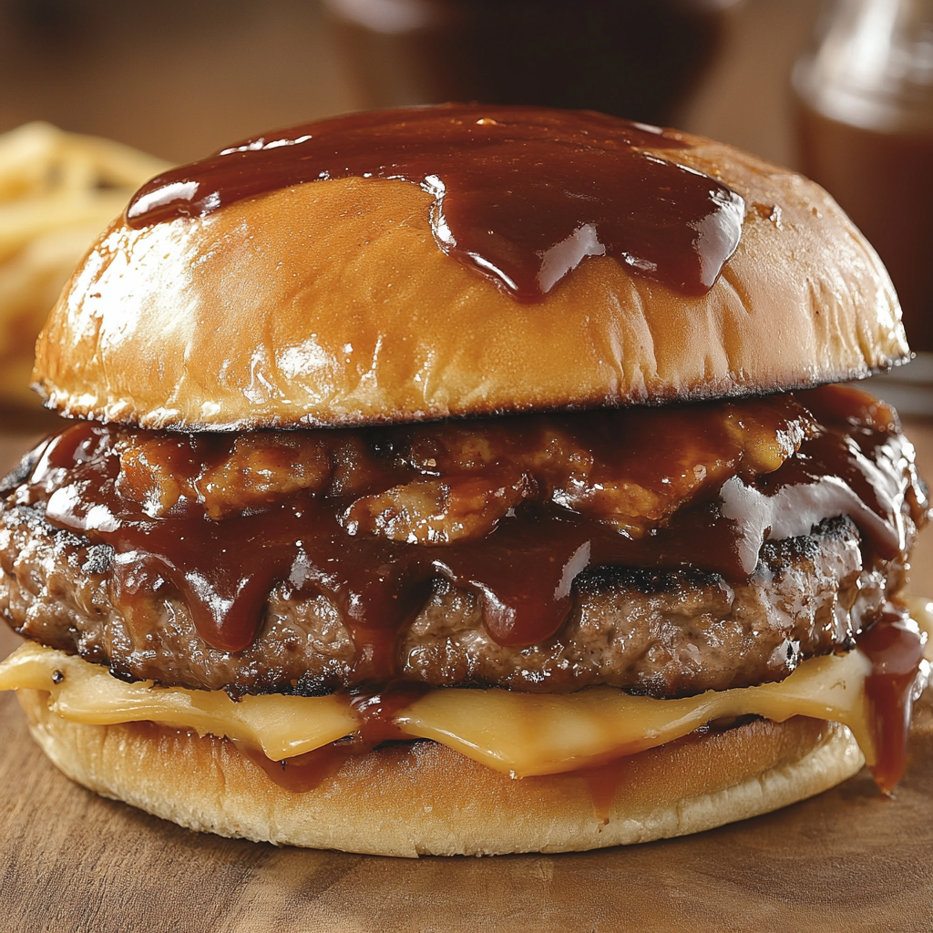 This image highlights a decadent BBQ burger with a perfectly grilled patty, melted cheese, crispy toppings, and a rich layer of smoky BBQ sauce dripping over a toasted bun. The combination of flavors is visually mouthwatering.