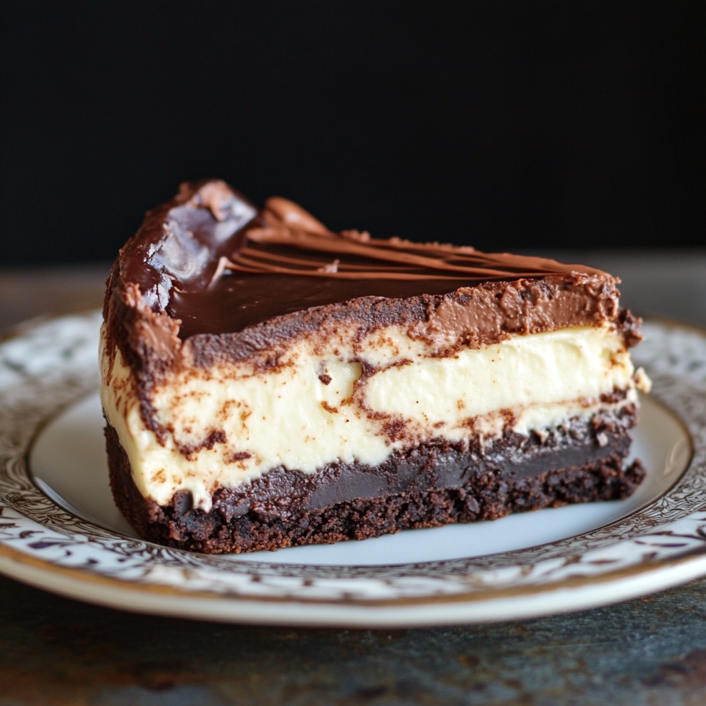 A rich slice of brownie cheesecake with a fudgy brownie base, creamy cheesecake layer, and a smooth chocolate ganache topping, served on a decorative plate.