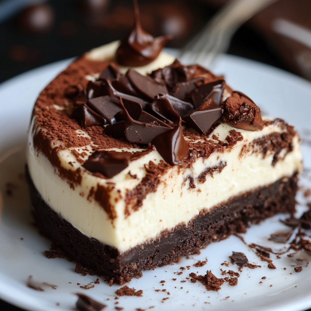 A luscious slice of brownie cheesecake with a dense brownie base, smooth cheesecake layer, and topped with chocolate shavings and cocoa powder, served on a white plate.