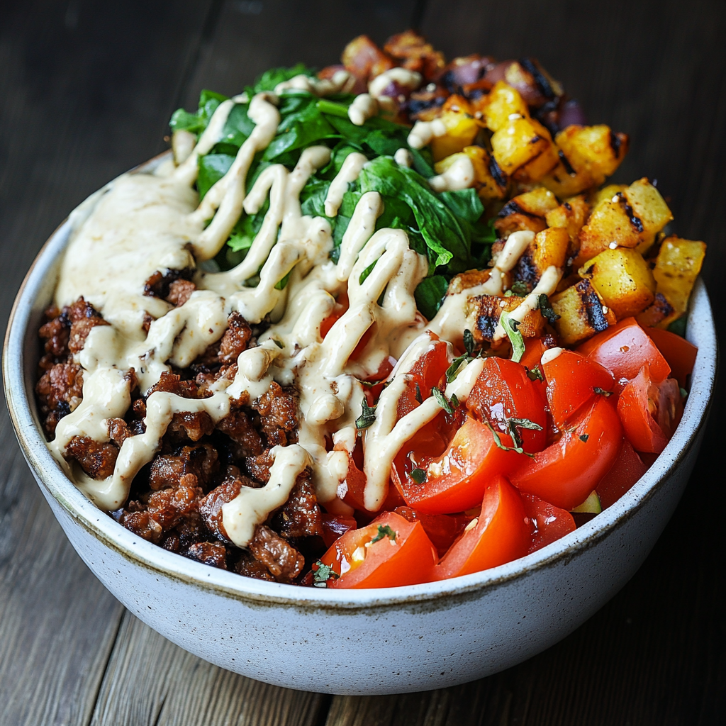 This vibrant burger bowl features roasted potatoes, fresh greens, diced tomatoes, ground beef, and a creamy sauce drizzle, perfect for a healthy and flavorful meal.