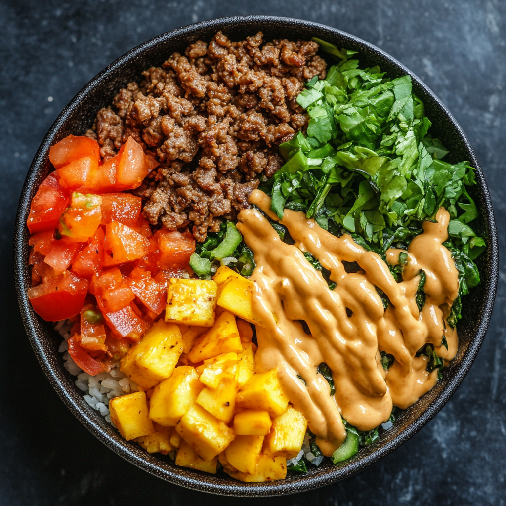 This vibrant burger bowl features seasoned ground beef, fresh greens, diced tomatoes, roasted potatoes, and a drizzle of creamy special sauce, perfect for a flavorful and healthy meal.