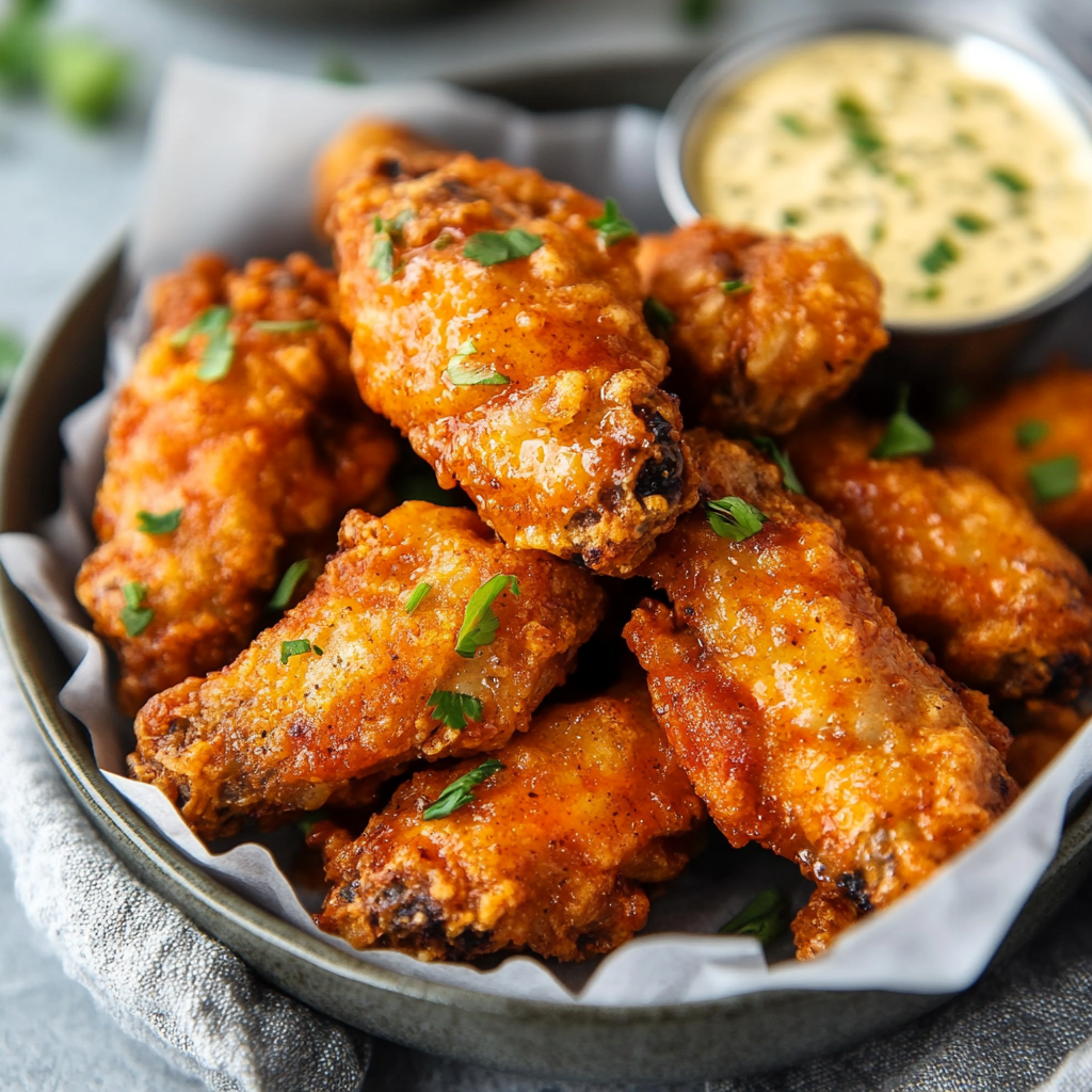 A close-up of a plate of buffalo chicken wings garnished with fresh parsley, served with a creamy dipping sauce in a small bowl on the side. The wings are golden-brown, crispy, and coated in a vibrant orange buffalo sauce.