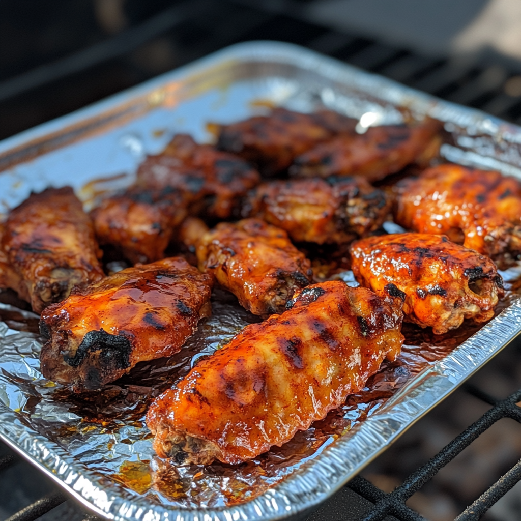 Buffalo chicken wings freshly grilled on a foil-lined tray, featuring a smoky char and coated with a shiny, rich orange sauce. The wings are arranged in a single layer, showcasing their crisp texture and appetizing glaze.