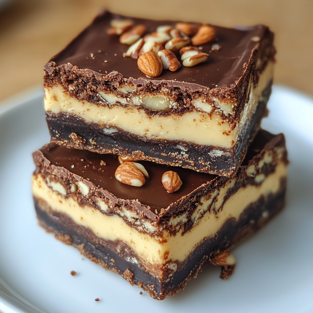 Layered keto brownie recipe with creamy filling, chocolate ganache, and almonds on a white plate