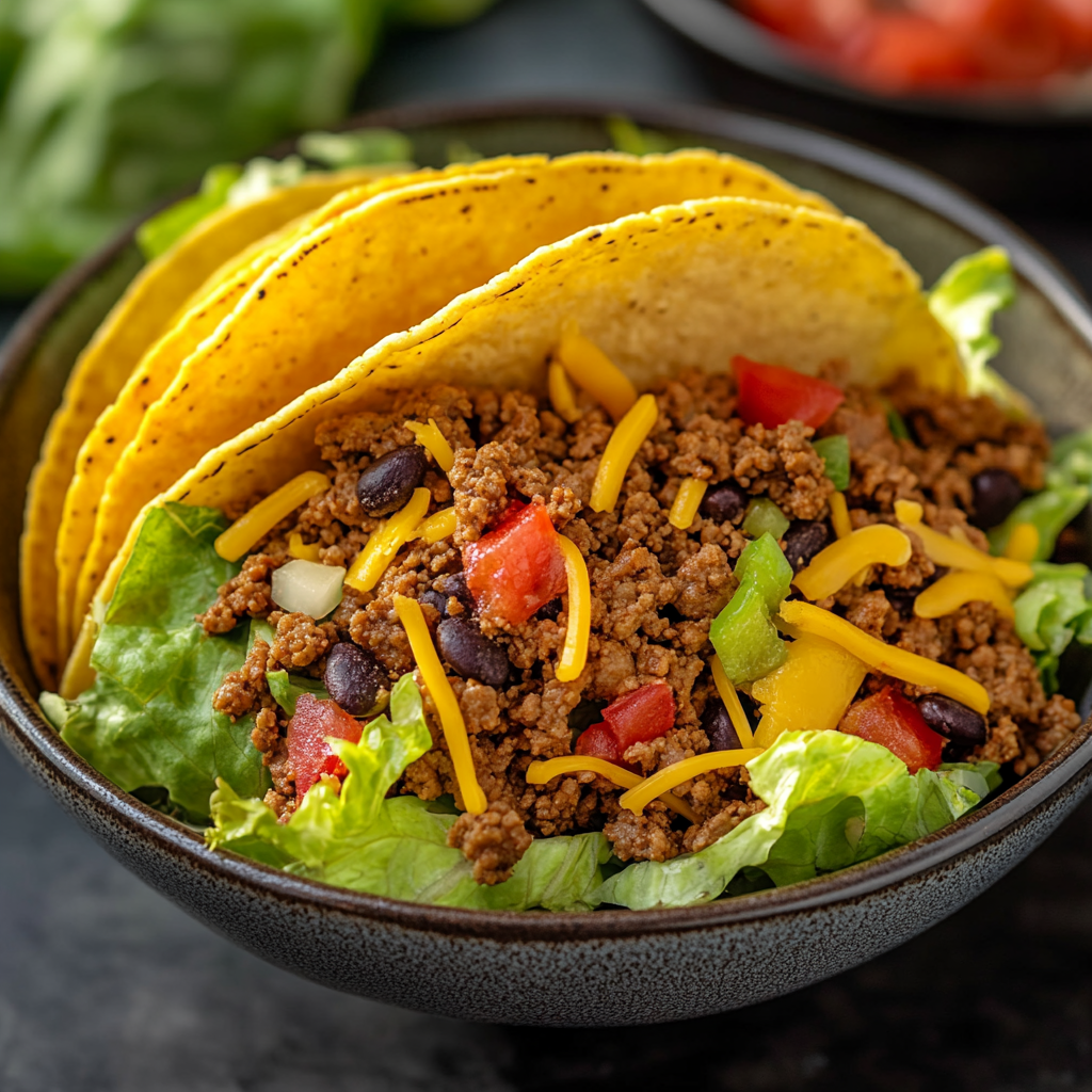 A bowl of tacos featuring crunchy taco shells filled with seasoned ground beef, black beans, diced tomatoes, shredded cheddar cheese, and fresh lettuce