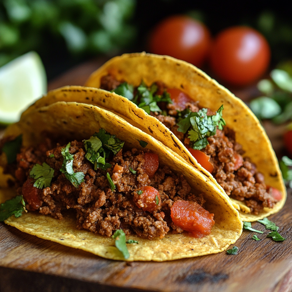 hree crunchy tacos filled with seasoned ground beef, diced tomatoes, and fresh cilantro, served on a wooden board with limes and cherry tomatoes in the background.
