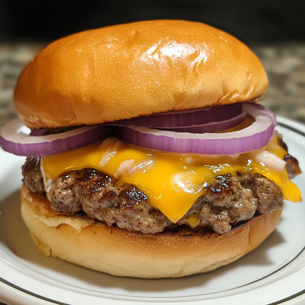 This image shows a juicy venison burger with melted cheddar cheese, fresh onion rings, and a toasted bun, perfect for showcasing a classic burger recipe.