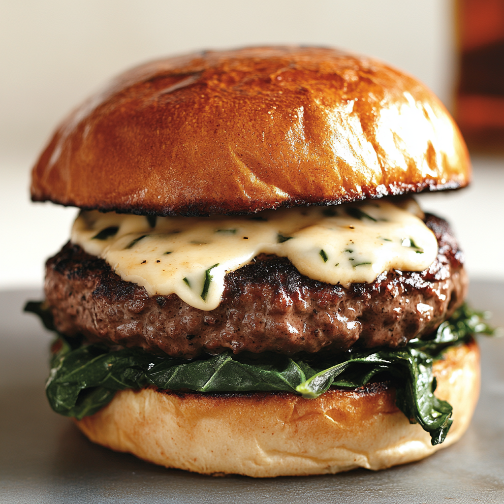 This image showcases a gourmet venison burger with melted herb-infused cheese, fresh greens, and a golden toasted bun. Its vibrant presentation highlights the rich and juicy patty, perfect for elevating any burger recipe.