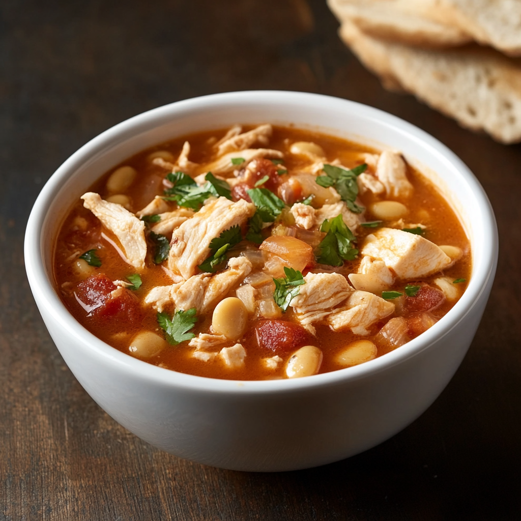 A white bowl filled with hearty chicken tortilla soup featuring tender shredded chicken, diced tomatoes, white beans, and fresh cilantro garnish, placed on a rustic wooden surface with slices of bread in the background.