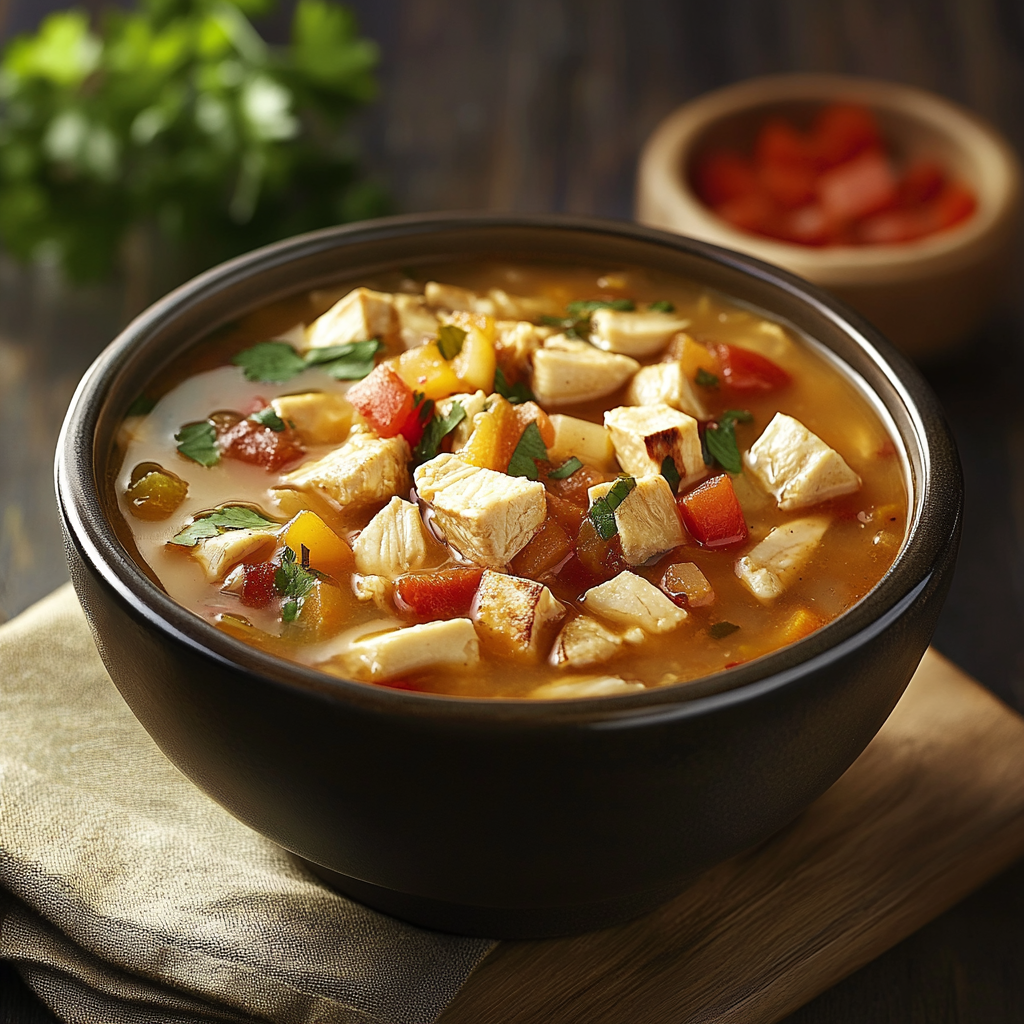 A black bowl filled with vibrant chicken tortilla soup featuring chunks of tender chicken, diced tomatoes, yellow bell peppers, and fresh cilantro.