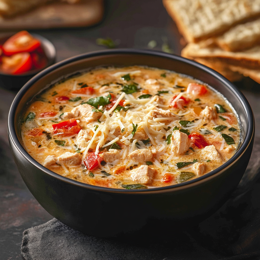 A black bowl filled with creamy chicken tortilla soup, featuring chunks of chicken, diced tomatoes, fresh spinach, and topped with shredded cheese and parsley. 